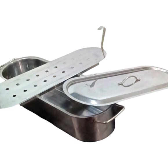 Large Stainless Steel Salmon Fish Poacher with 2 Handles, Rack and Lid 20'' Long - Picture 3 of 5